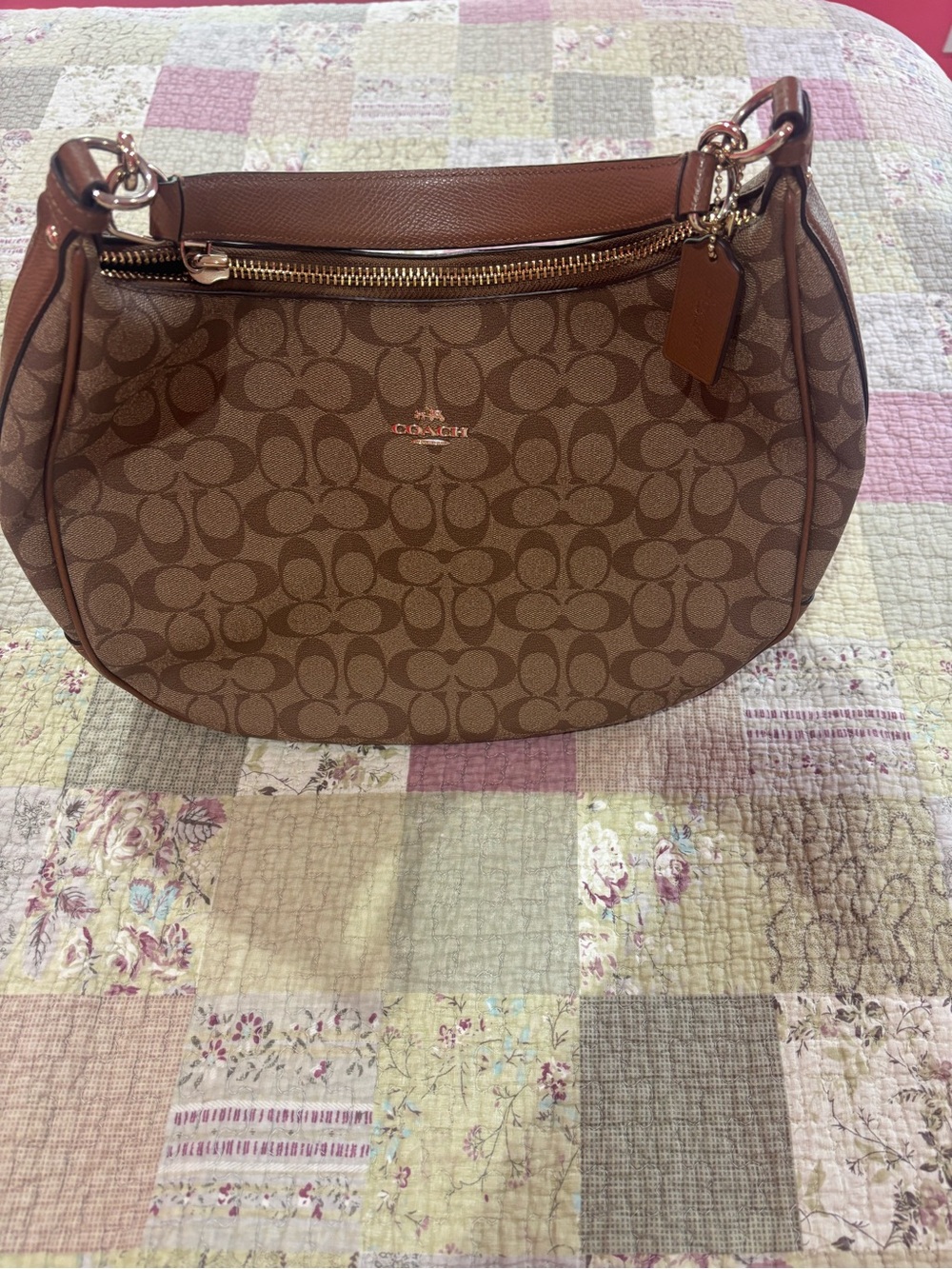 Coach Brown Signature Canvas Shoulder Bag with Leather Trim